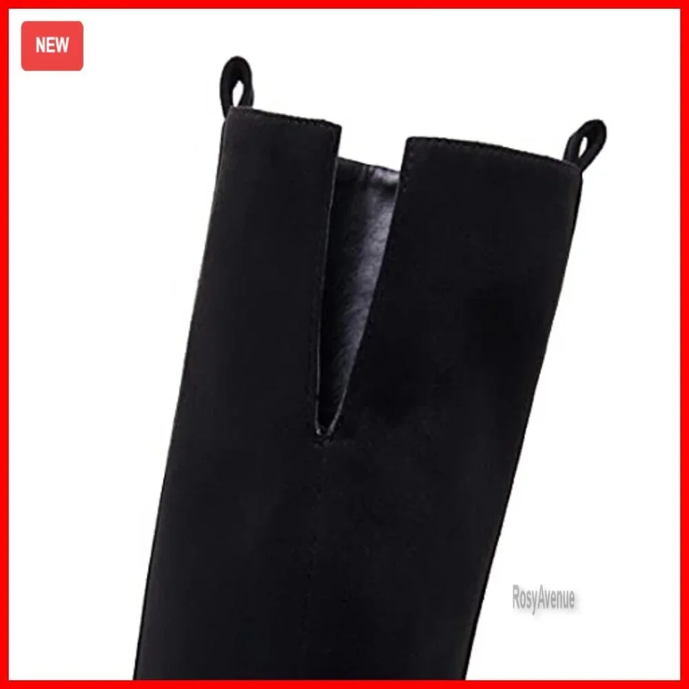 Faux Suede Over The Knee Boots Pointed Toe Chunky Block Heel Side Zipper